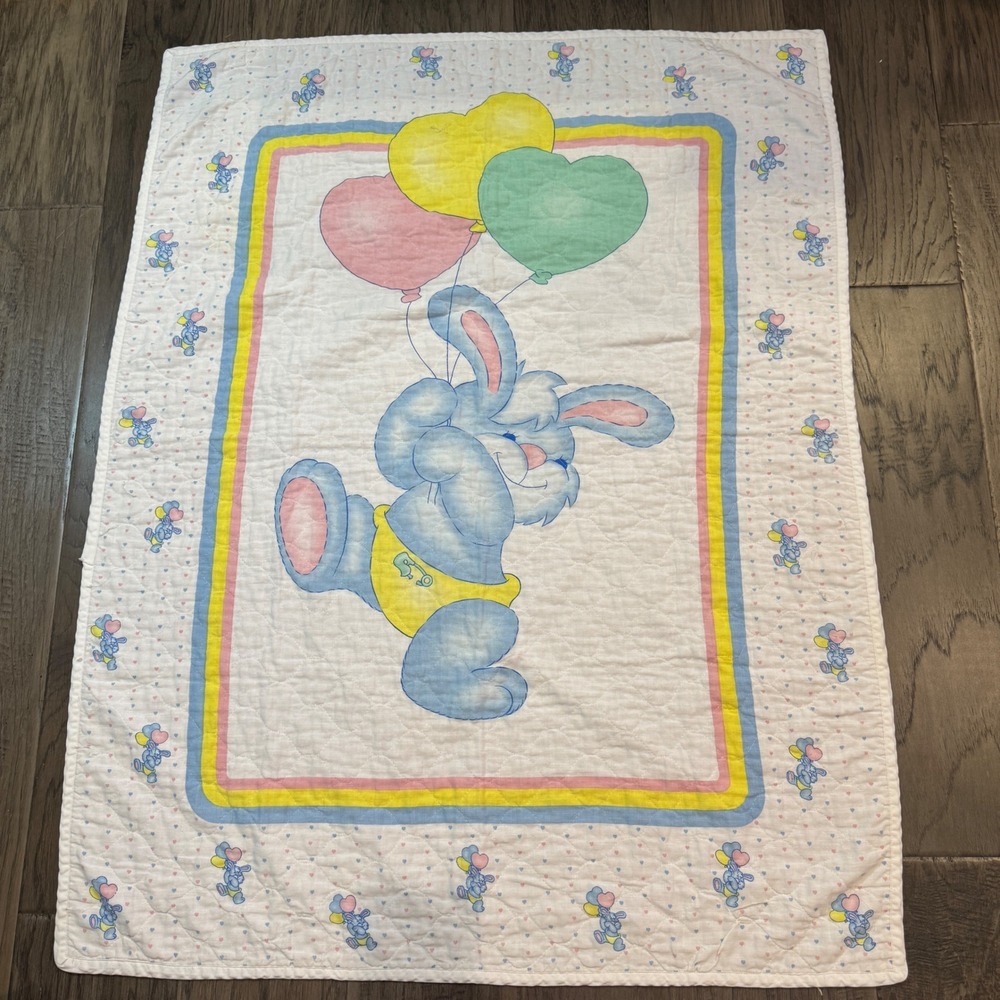 Vintage 80s Bunny Rabbit Balloons Baby Quilt Pastel Colors Nursery Decor Blanket